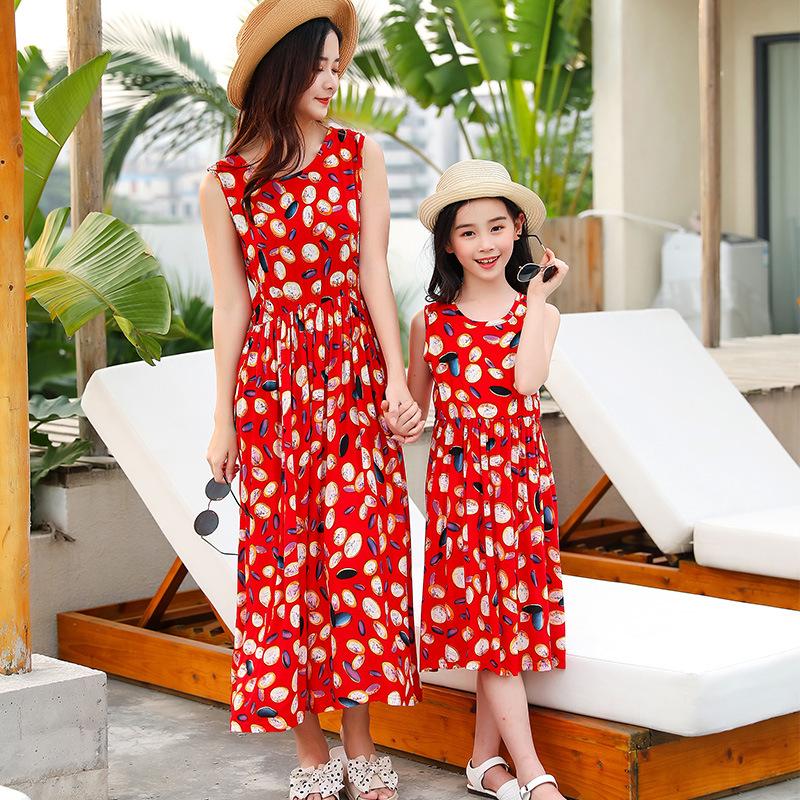 Children's Cotton Dress Summer Dress Family Foreign Style Floral Princess Dress Girls Beach Strap Dress