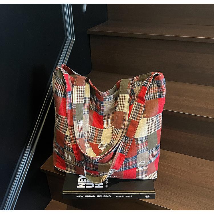 

Клетчатая холщовая сумка женская новая летняя ленивая сумка через плечо с перекрестным ремнем большой вместимости для поездок на работу красный