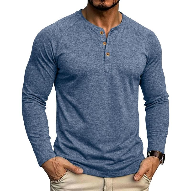 Mens Classic Style Henley Pullover Tops Raglan Long Sleeve Solid Color Daily Casual Wear Crew Neck Basic T Shirts