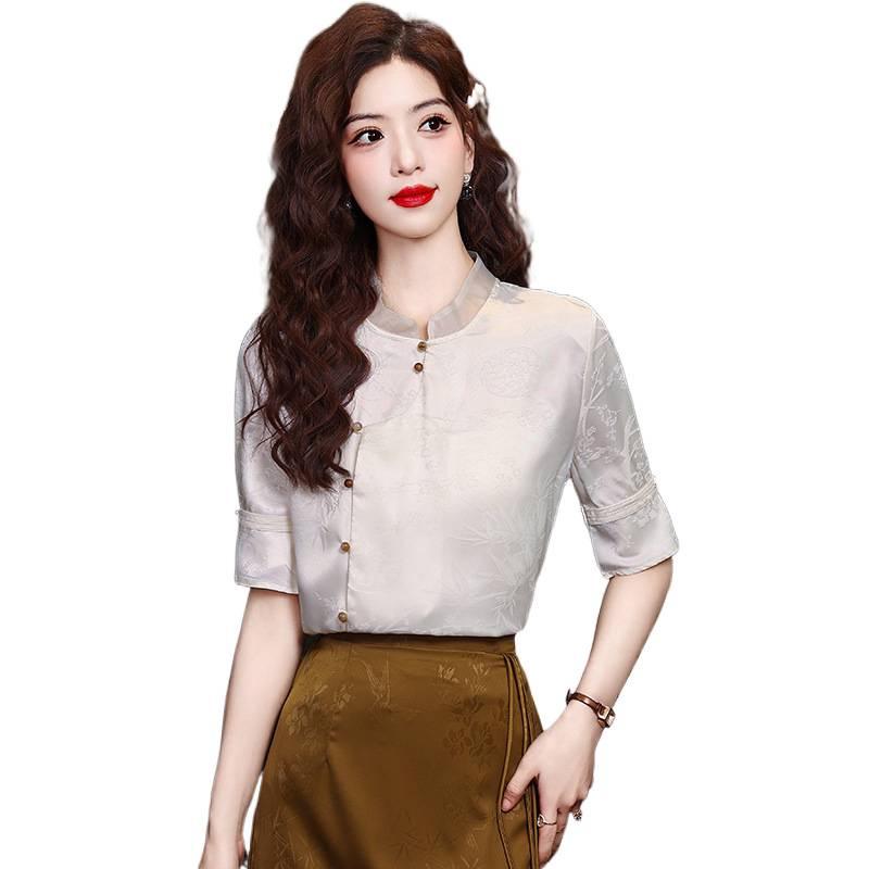 2026 Women's New Chinese Style Stand Collar Jacquard Shirt - Versatile Dark Floral Retro Chiffon Design