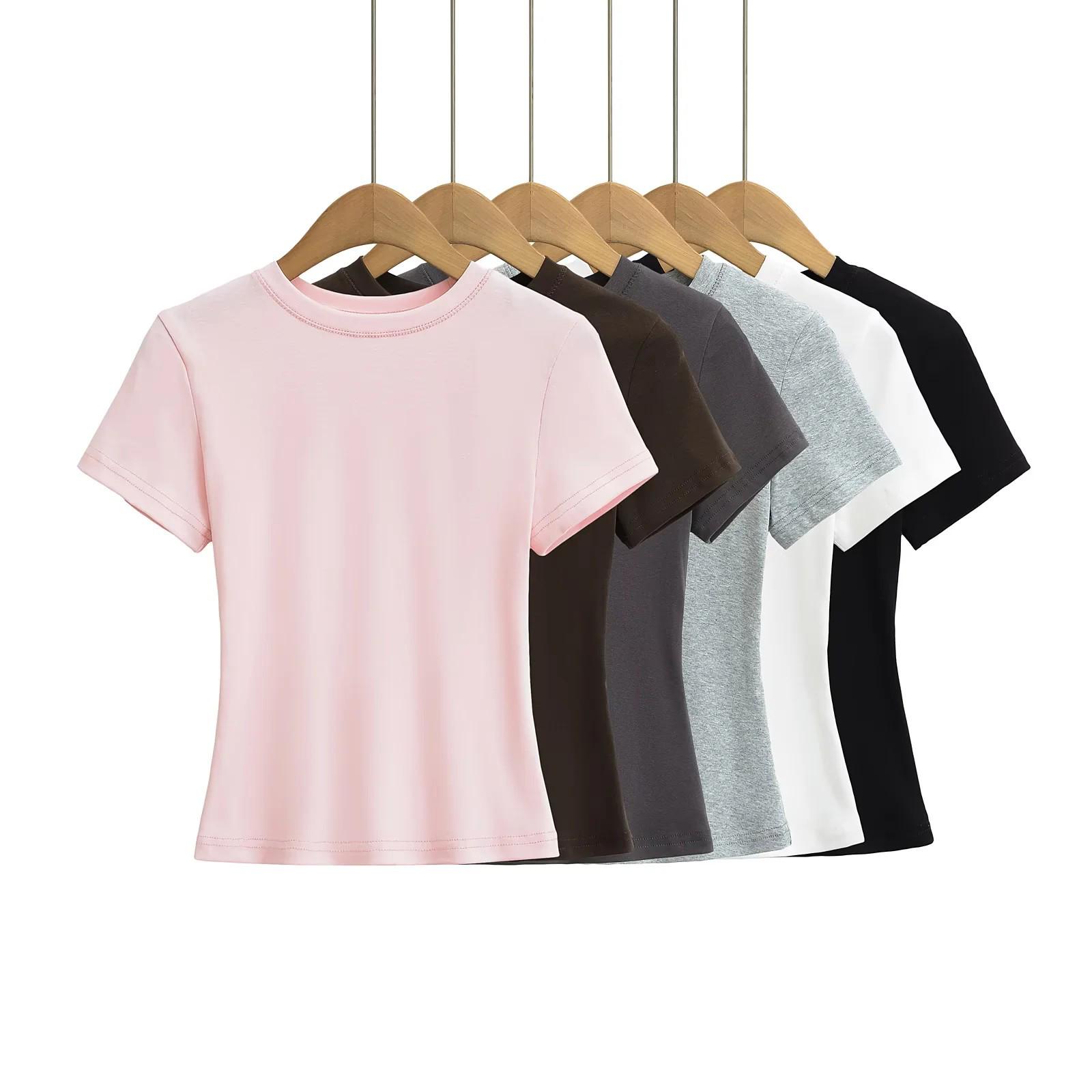

Retro Solid Color Slim Fit Crop Top with Round Neck & Short Sleeves Small