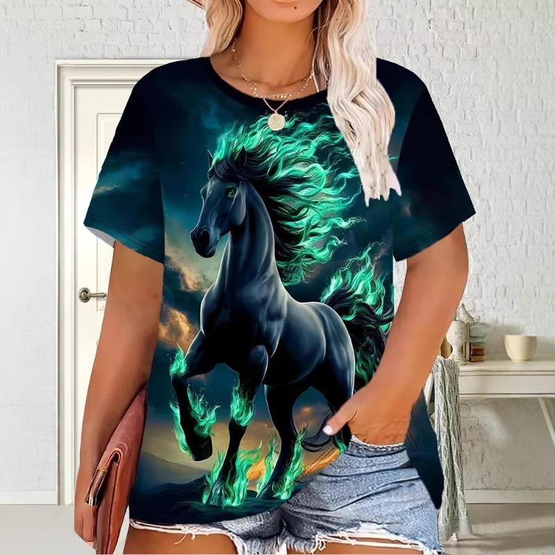 Haut décontracté à manches courtes et col rond avec imprimé animal cheval pour femme
