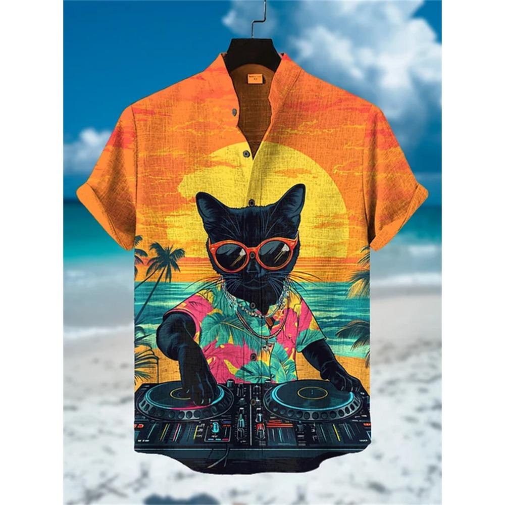 Men's Street Style Short-sleeved Shirt, Quirky Black Cat and Shark Print Casual Men's Top, Trendy and Fashionable Hawaiian Shirt