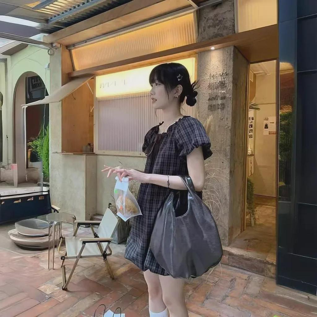 2024 Summer Plaid Puff Sleeve Mid-Length Dress