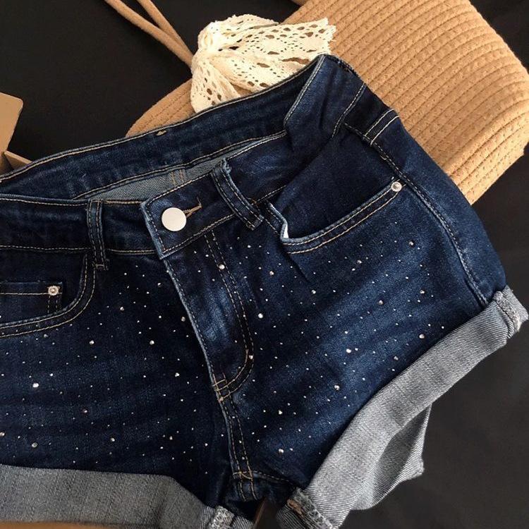 Women's Dark Blue Rhinestone Denim Low-Waist A-Line Bodycon Hot Pants