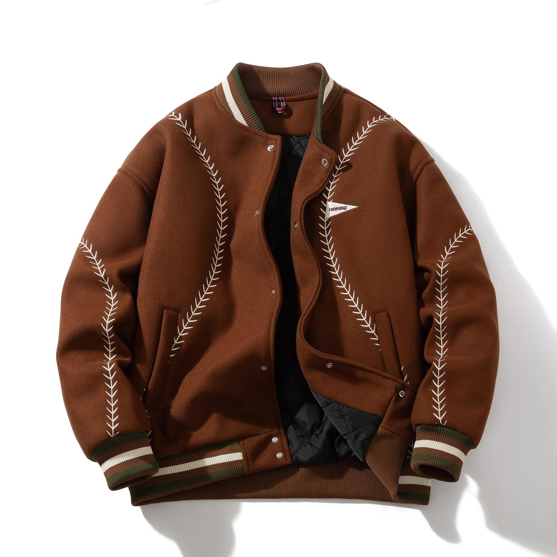 

2026 Autumn/Winter Retro Guochao Embroidered Woolen Baseball Jacket - Unisex Heavyweight Cotton Padded Casual Jacket 2XL коричневий