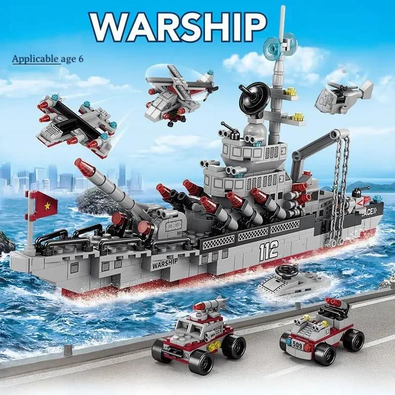 980PCS Military 8 IN 1 Army Ocean Cruiser Warship Building Blocks Aircraft Weapon Ship Bricks City Toys for Children