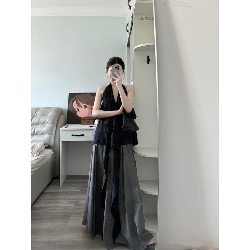 Kumikumi French Style Temperament Hanging Neck Ribbon Vest Top Women Clothes Summer Slimming Skirt Long Dress Two-piece Set