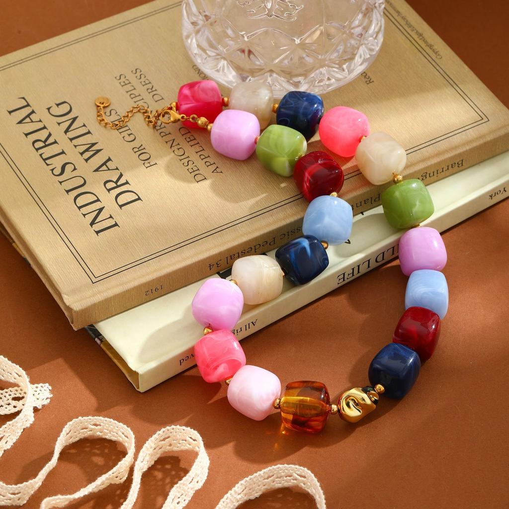 Minimalist Beaded Choker Necklace Women Summer Beach Acrylic Beads Necklaces Boho Statement Colorful Necklace