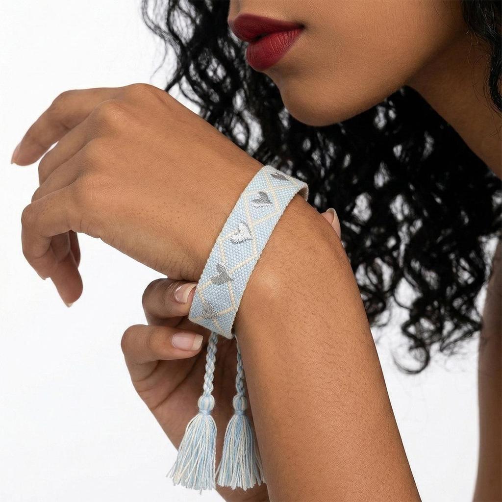 Embroidered Love Heart Woven Bracelet with Tassel