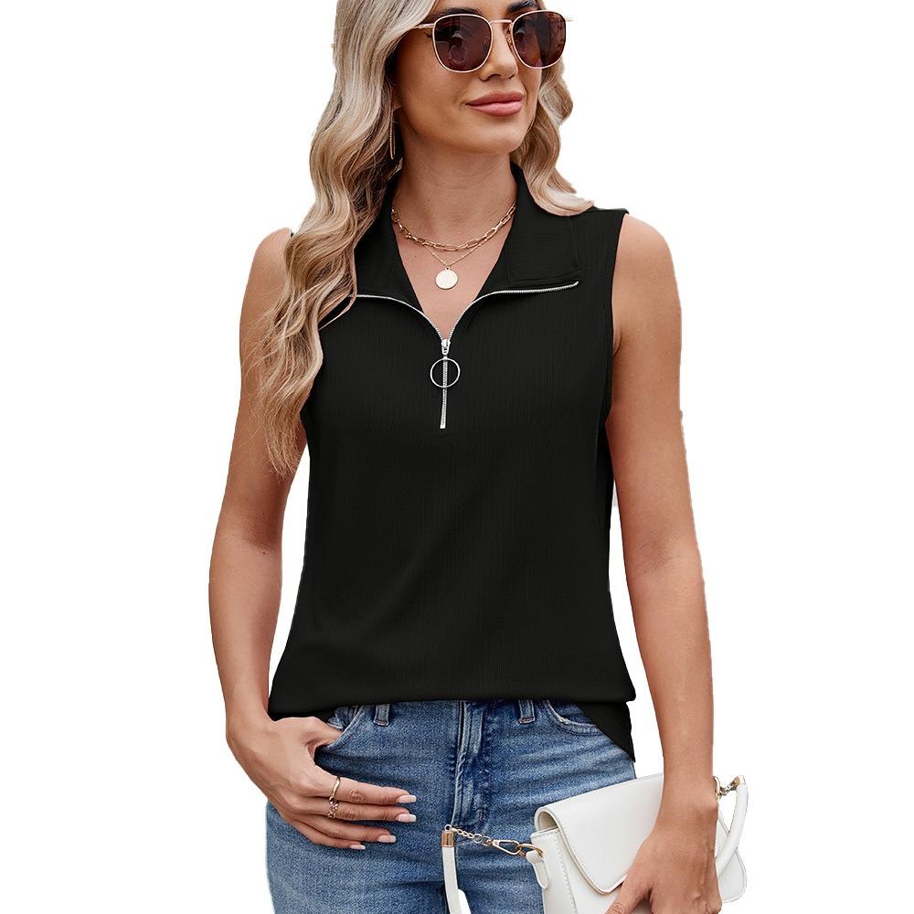 Women's Zip‑Up Collar Sleeveless Ribbed Tank Top Regular Fit Casual Solid Spring Summer Women Tee