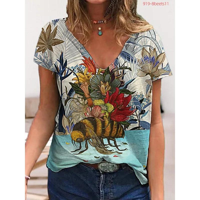 Sommer Damen Kurzarm T-Shirt Schmetterling V-Ausschnitt 3D Druck Freizeit Oberteil Mehrere Stile und Größen zur Auswahl
