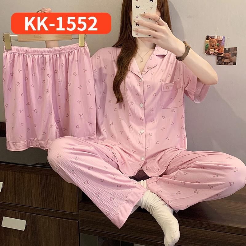 Sweet Striped Bow Print Korean Style Crinkle Pajamas Set for Women - Three-Piece, Short Sleeve Homewear.