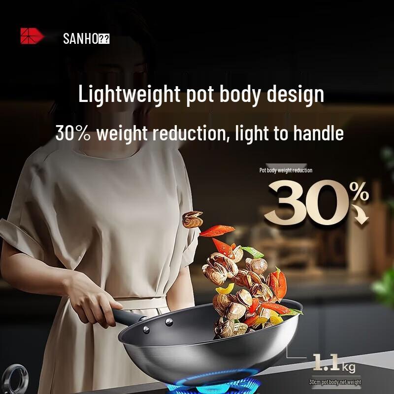 Sanhe 32cm 0-Coating 304 Titanium Stainless Steel Non-stick Induction Wok