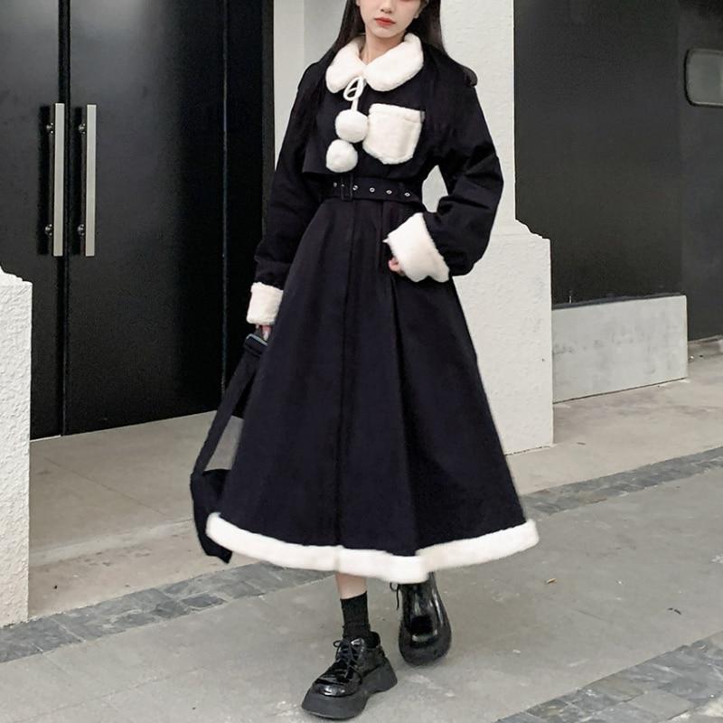 2021 Winter Gothic Faux Fur Black Dress Vintage Women Casual Slim Outwear  Y2K Trench Midi Dress Party Lady One Piece Dress Korea