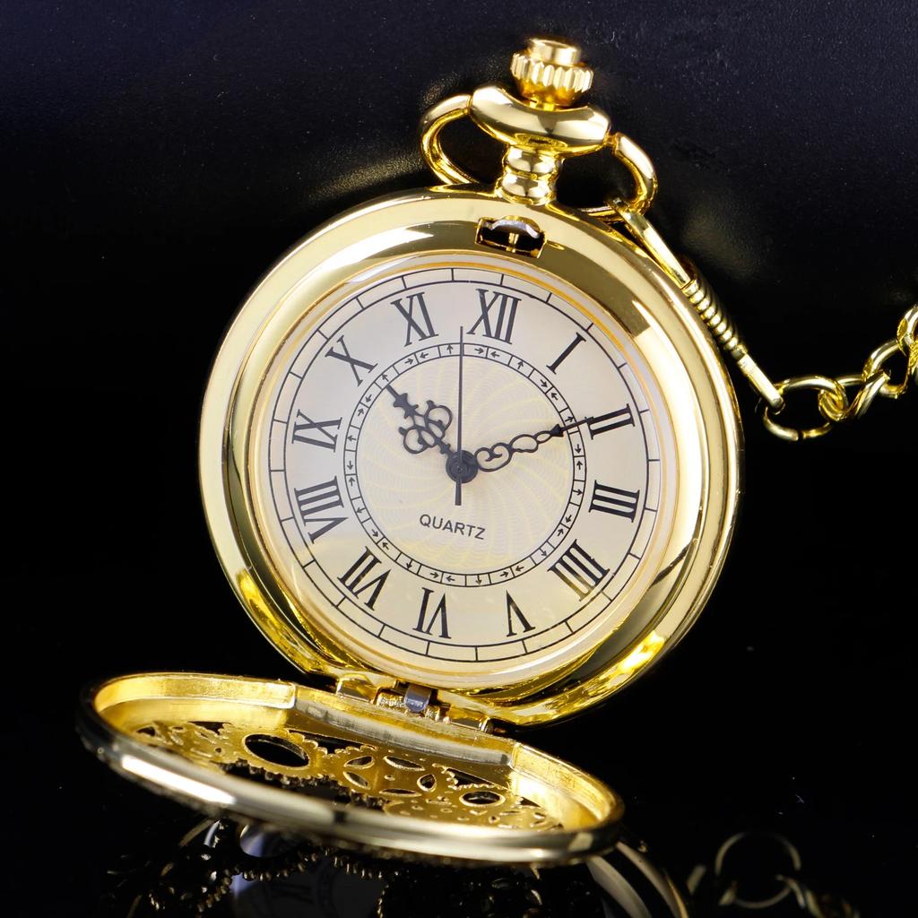 Luxury Gold Time Gear Embossed Necklace Quartz Pocket Watch Steam Punk Old Fashion Necklace Timing Pendant Watch Gift