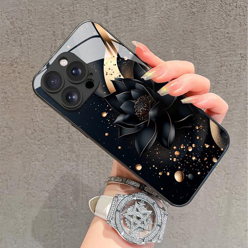 Coque de téléphone noire en verre trempé motif fleur de lotus noire pour Samsung Galaxy S25 S24 S23 Ultra Plus FE