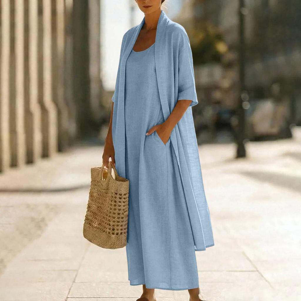 Damen 2-teilige Outfits Sommer Baumwoll-Leinen-Sets Maxikleid und Langarm-Strickjacke mit 3/4-Ärmeln und Tasche