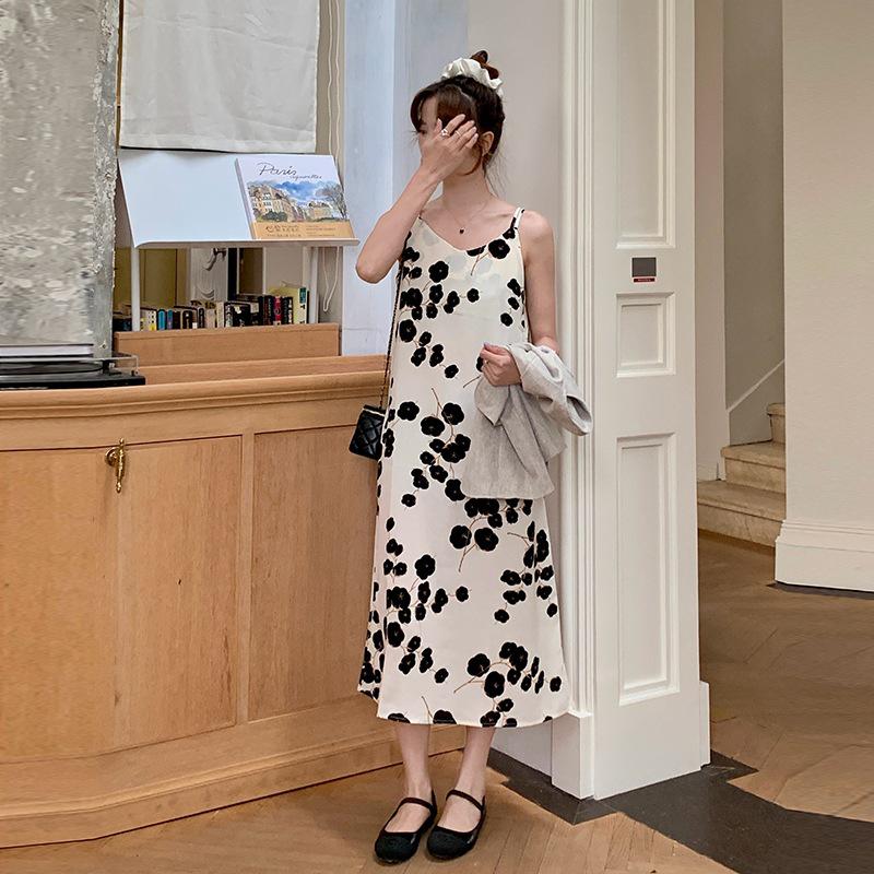 

V-Neck Hibiscus Print Satin Midi Dress with High Waist Drape XXXL [130-145]