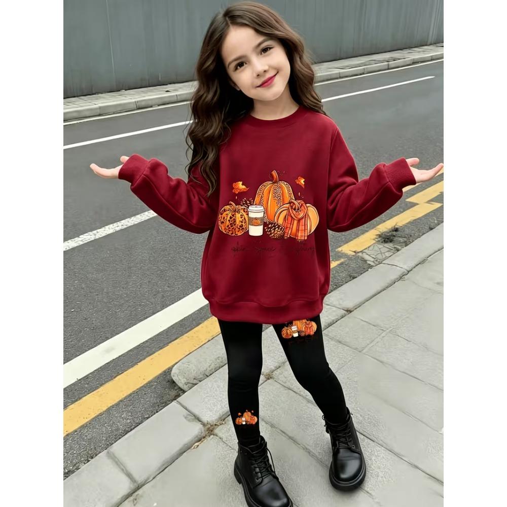 Girls' Pumpkin Casual Comfortable Soft Loose Pullover Sweatshirt and Leggings 2-Piece Set, New Autumn/Winter, Playful, Sweet and Cool Style