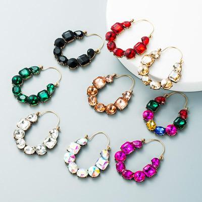 Women Hoop Earrings Exaggerate Geometric Alloy Inlaid Color Rhinestone Temperament Super Flash Full Crystal Small Earrings