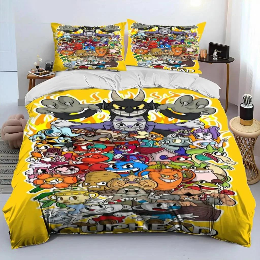 Parure de lit dessin animé Cuphead et Mugman pour garçons et filles, housse de couette double, queen size, taie d'oreiller, lit pour enfants et adultes, textile de maison