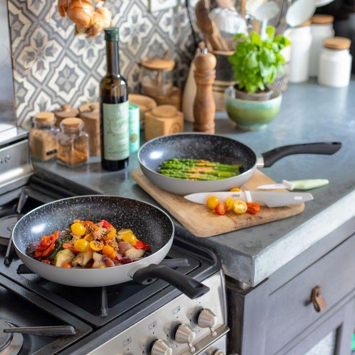 Set de 2 poêles aspect pierre - LIVOO - MEN124GR - Revêtement antiadhésif - Ø 24 et 28 cm - Manche silicone - Tous feux