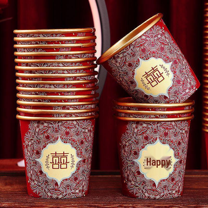 Disposable Wedding Paper Cups - Gold Foil Red Design for Anniversaries, Banquets, and Tea Ceremonies
