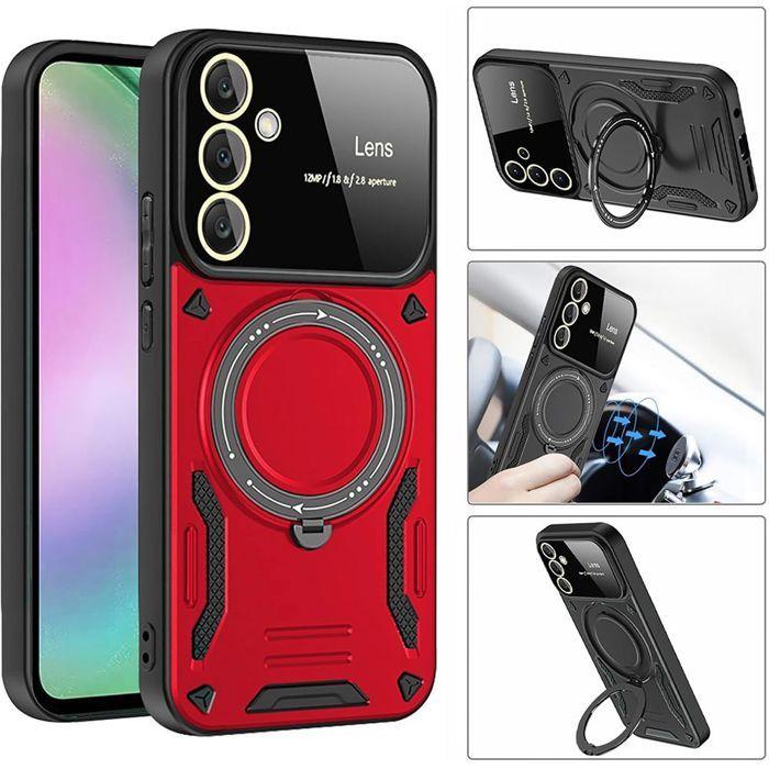 Coque pour Samsung Galaxy A57 5G, Antichoc avec Cercle Magnétique - Rouge - 2 Verres Trempés
