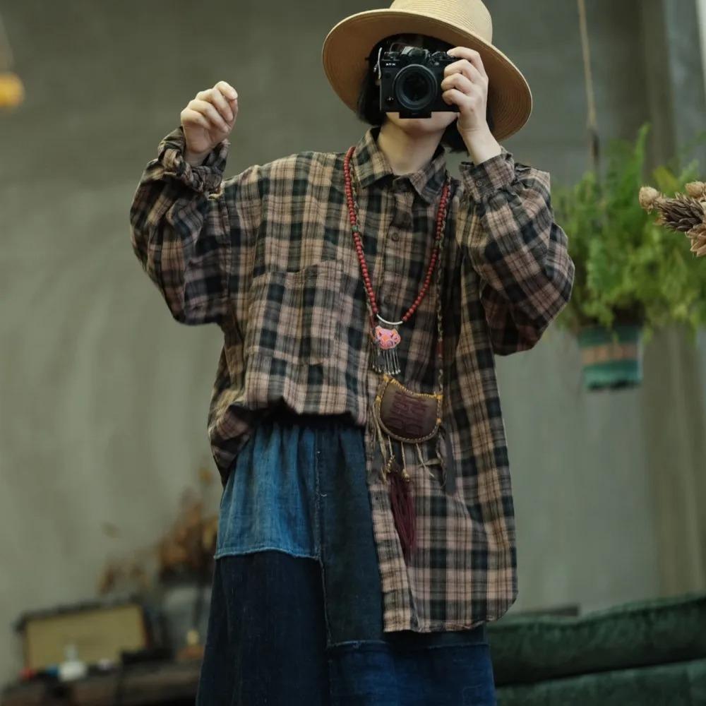 Johnature Women Vintage Plaid Shirts Tops Turn-down Collar Long Sleeve Autumn Button Pockets Female Blouses