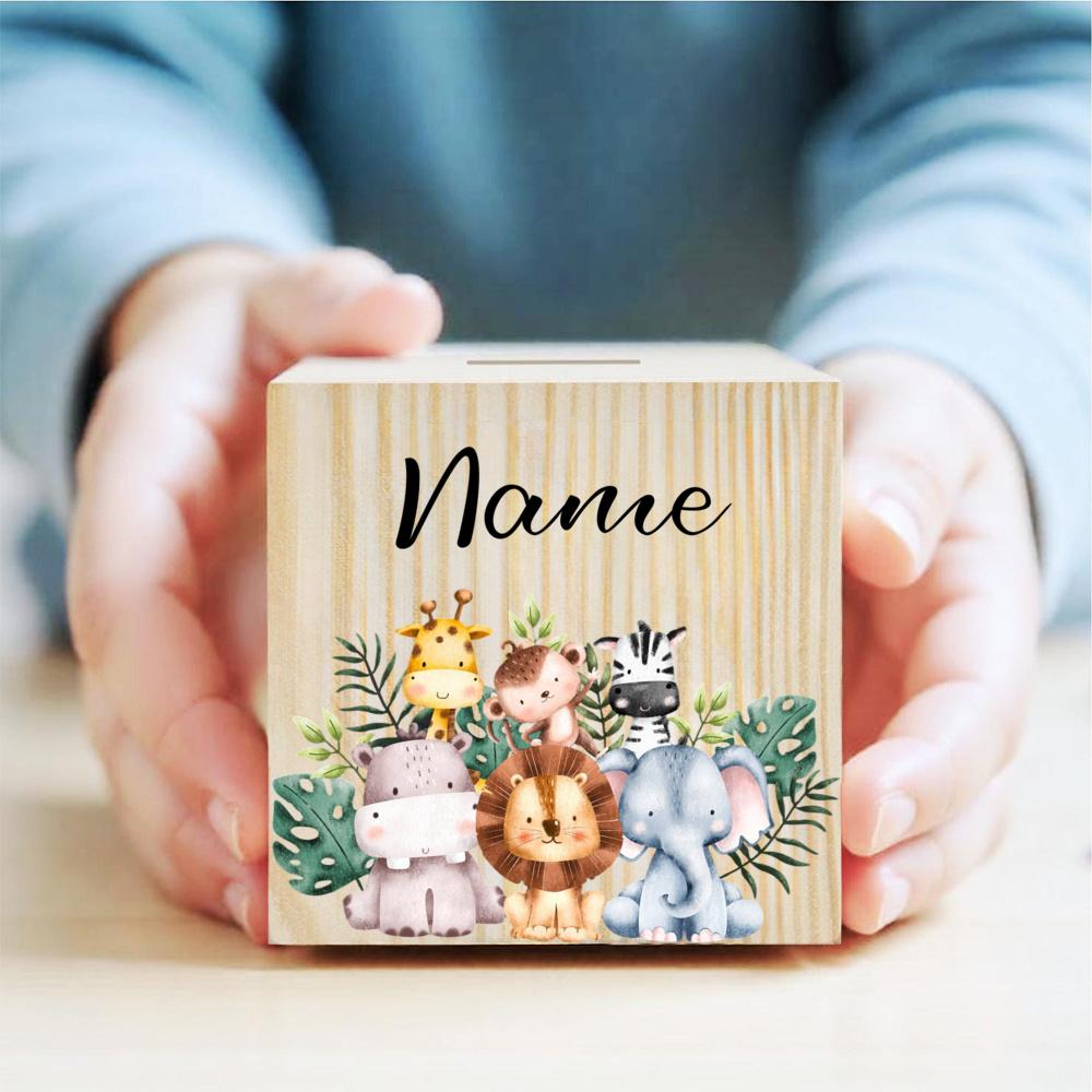 Spersonalizowana Skarbonka Zwierzę z Imieniem Skarbonki dla Dzieci Pudełko na Kolekcję Monet Drewniany Banknot Bank Dziecięce Urodziny Chrzciny Baby Shower Prezent