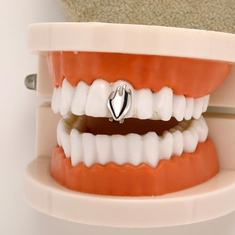 Halloween Vampires Fang Grillzs Flame Textured Gold Tooth Cap Solid Openwork Copper Dental Jewelry for Holiday Party