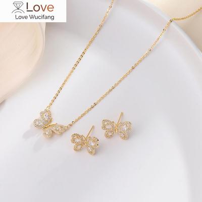 Trendy Butterfly Jewelry Sets Pave Zircon Shiny Rhinestone Gold Plated Clavicle Chain Earrings Women Girls Elegant Accessories