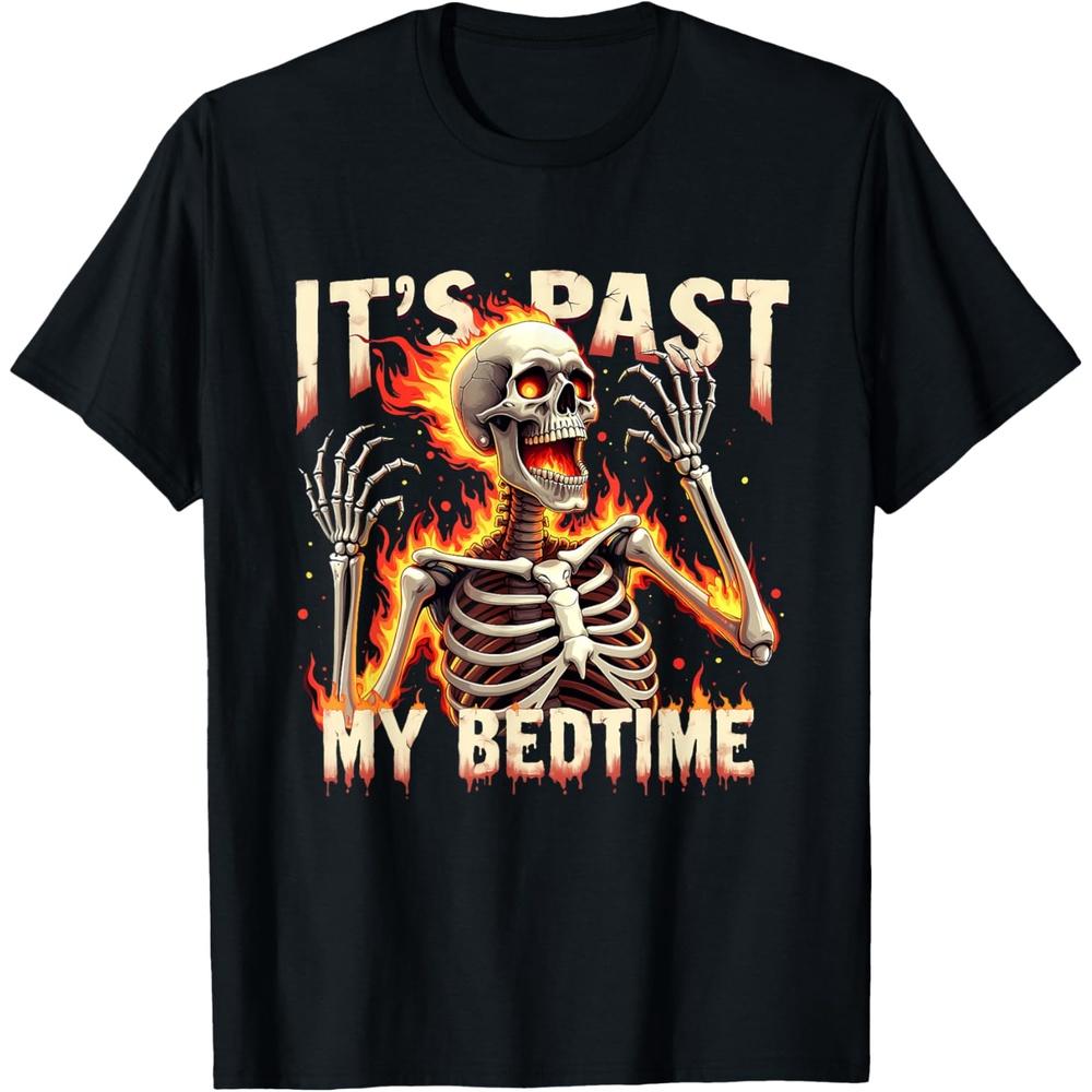 Funny Skeleton Art Past Bedtime Flame Retro Skeleton Graphic Cotton Men T Shirt S