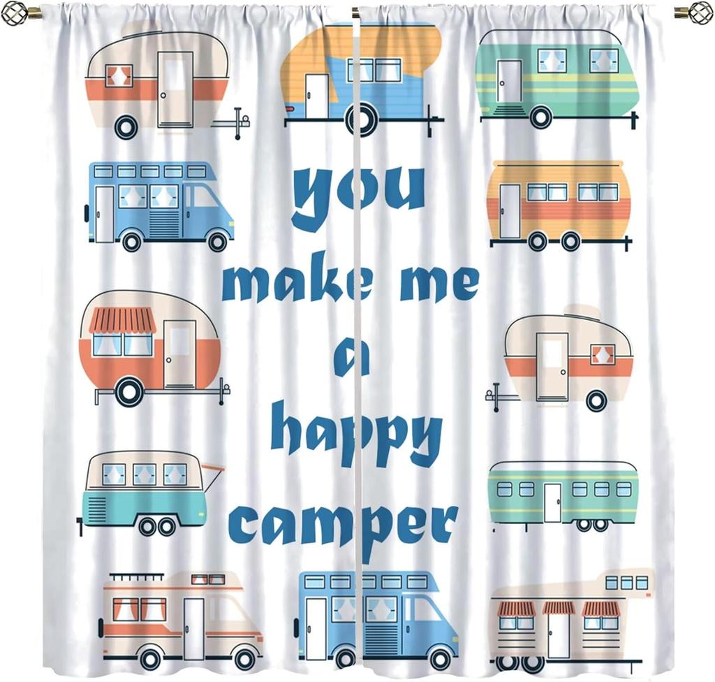 Retro Happy Camper Curta,Rustic Wood Plank Camping Travel Trailer Blackout Rod Pocket Window Curtain,For Boys Girls Living