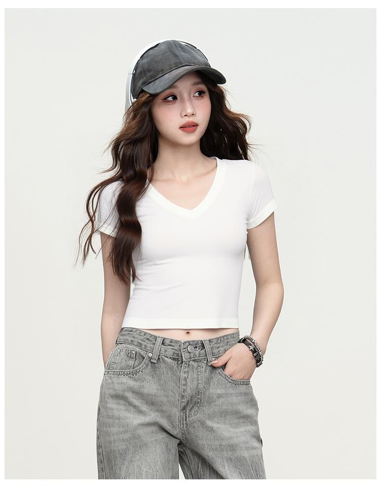 Summer Short-Sleeved Versatile Solid Color Fashionable Simple Design Slim Fit Women's T-Shirt Top
