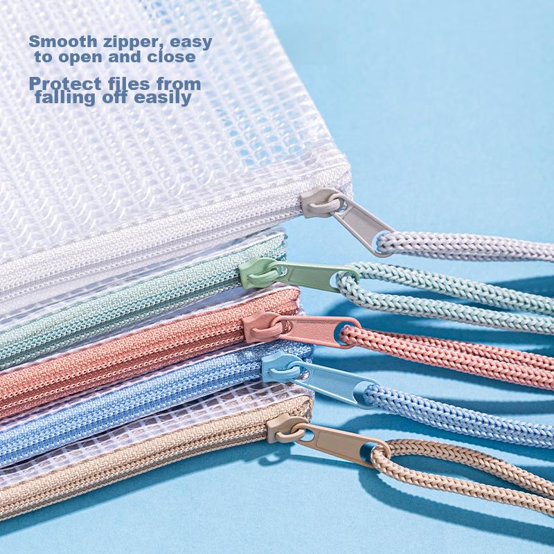Deli 5 A4 File Folders with Mesh Zipper, Colorful Student Subject Classification Pouches, Morandi Color Series Mixed Colors 63483