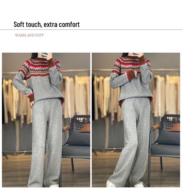 Wool Argyle Ethnic Style Retro Color Block Sweater & Long Pants Set for Women - Autumn/Winter Fashion