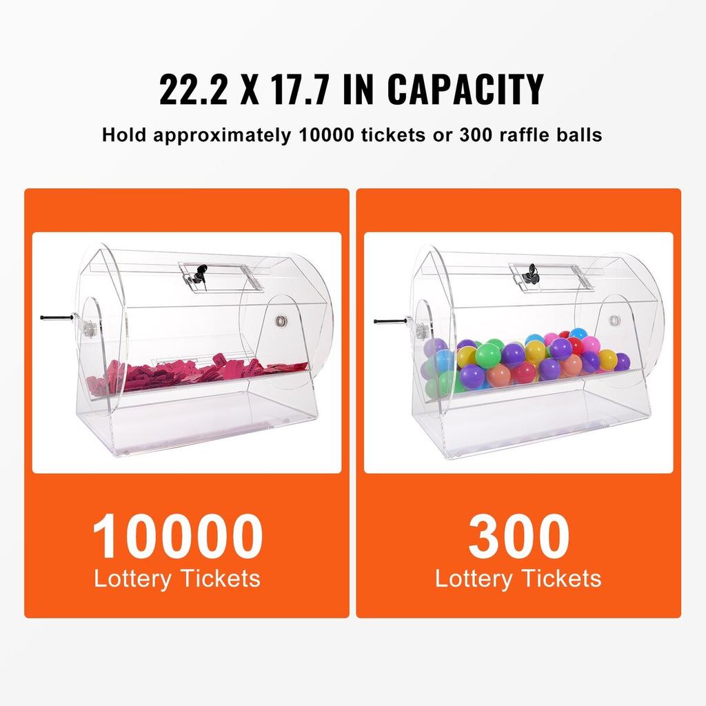 Acrylic Raffle Drum, Holds 10000 Tickets or 300 Raffle Balls, Professional Raffle Ticket Spinning Cage with 2 Keys, Transparent Lottery Spinning