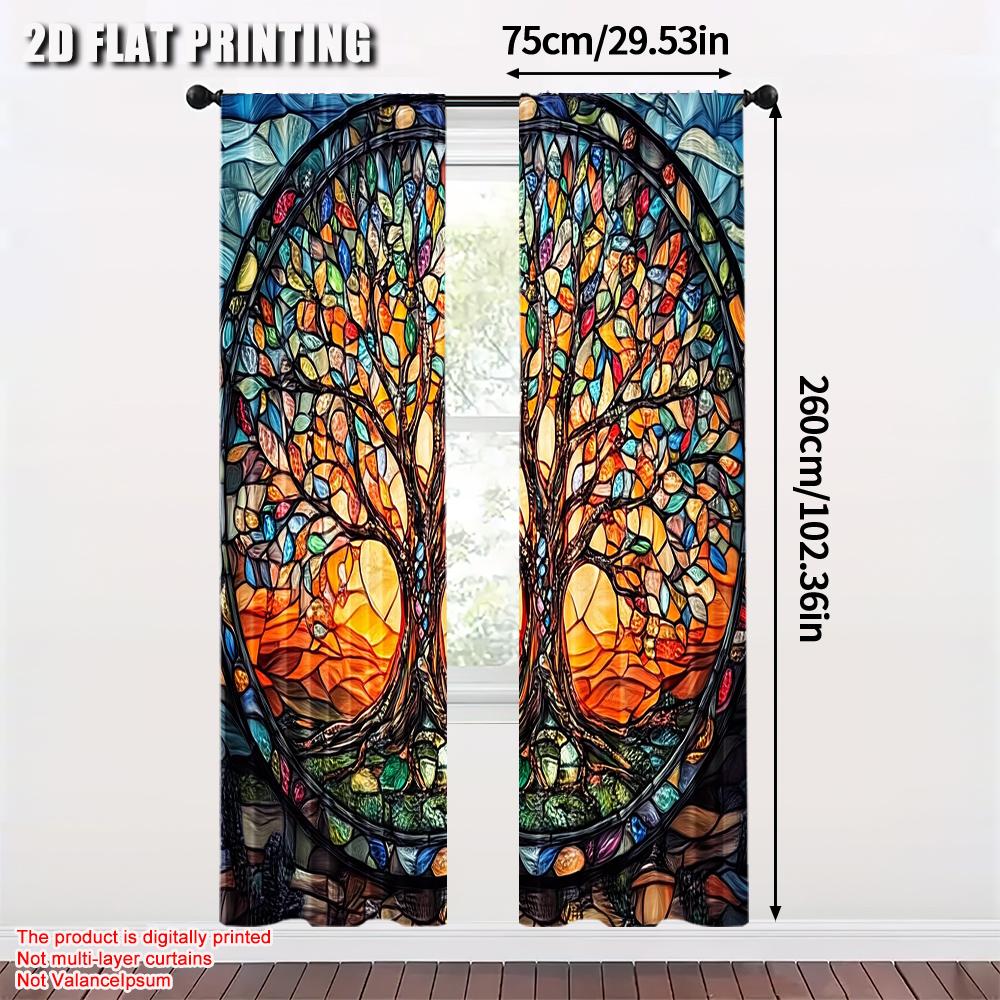 Flat Printing Curtain Stained Glass Tree Life Polyester Without Electricity Festive Wall Decor Home Party Curtains Set Of 2 Made