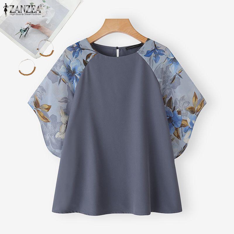ZANZEA Women Casual Round Neck Loose Print Splice Half Sleeve Blouse
