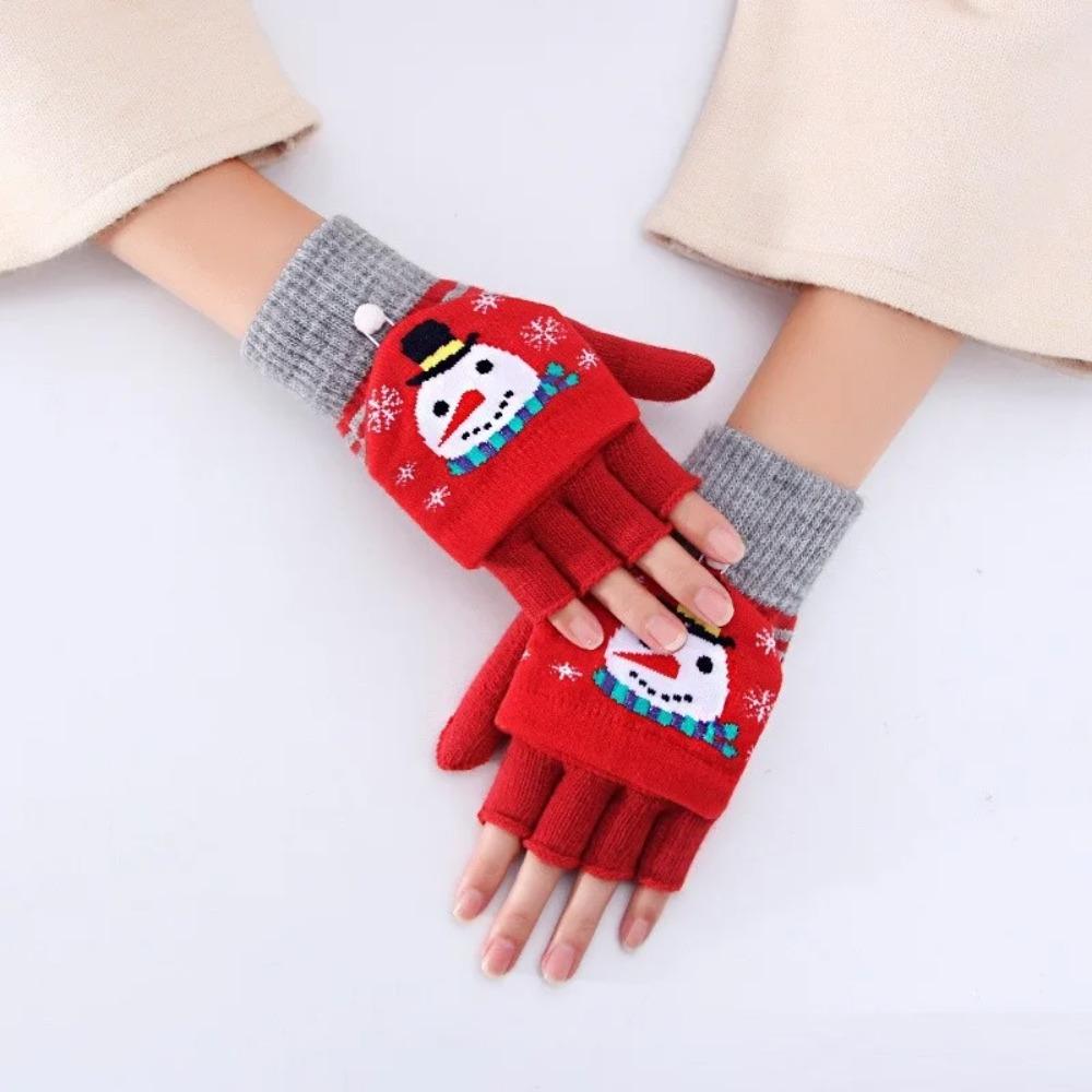 Winter Cute Girls Christmas Gloves Kids Warm Cartoon Gloves Students Fingerless Writing Gloves with Flip Cover 7-13Y