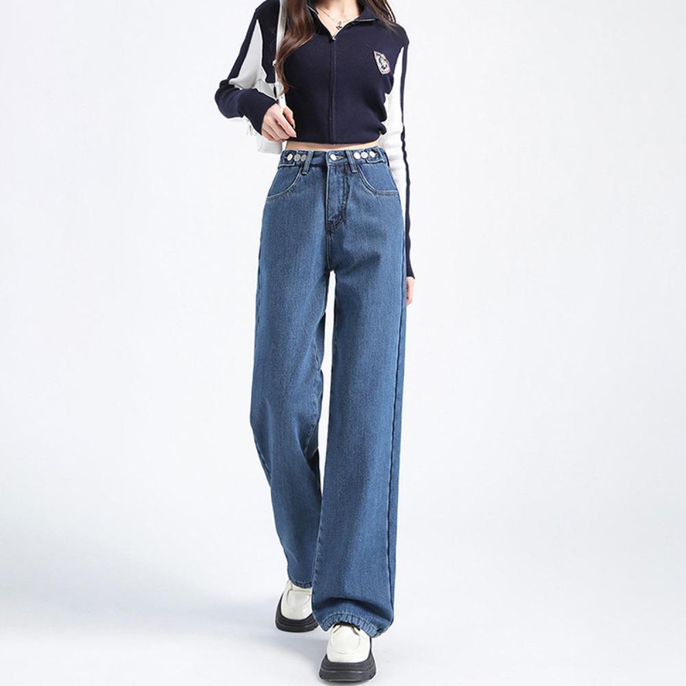 Spring and Autumn New Casual Adjustable Wide Leg Jeans Women's High Waist Skinny Straight Floor Mopping Jeans