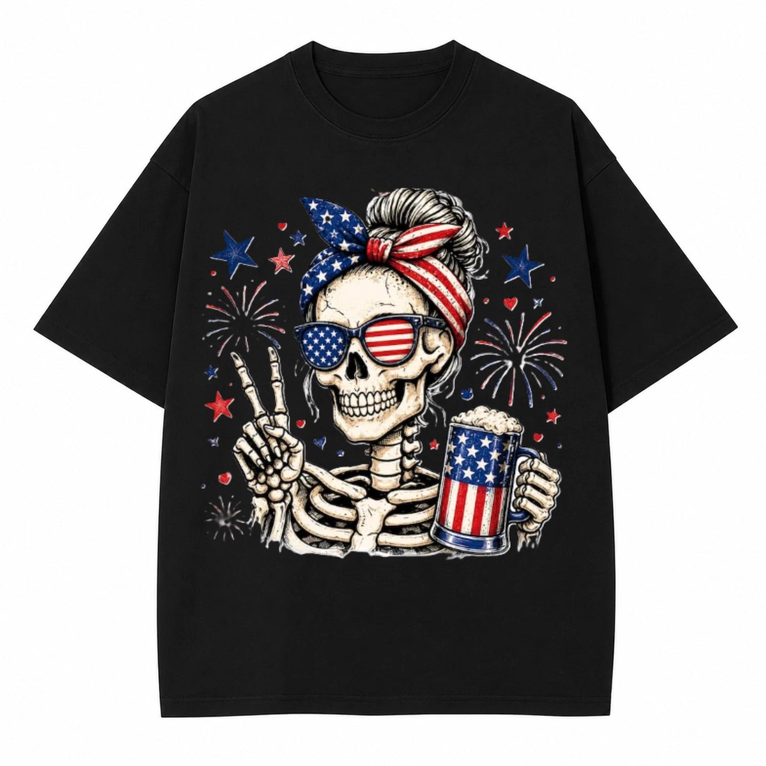 Skull Mom USA Flag Peace Sign Funny 4th of July Patriotic Graphic T-Shirt L
