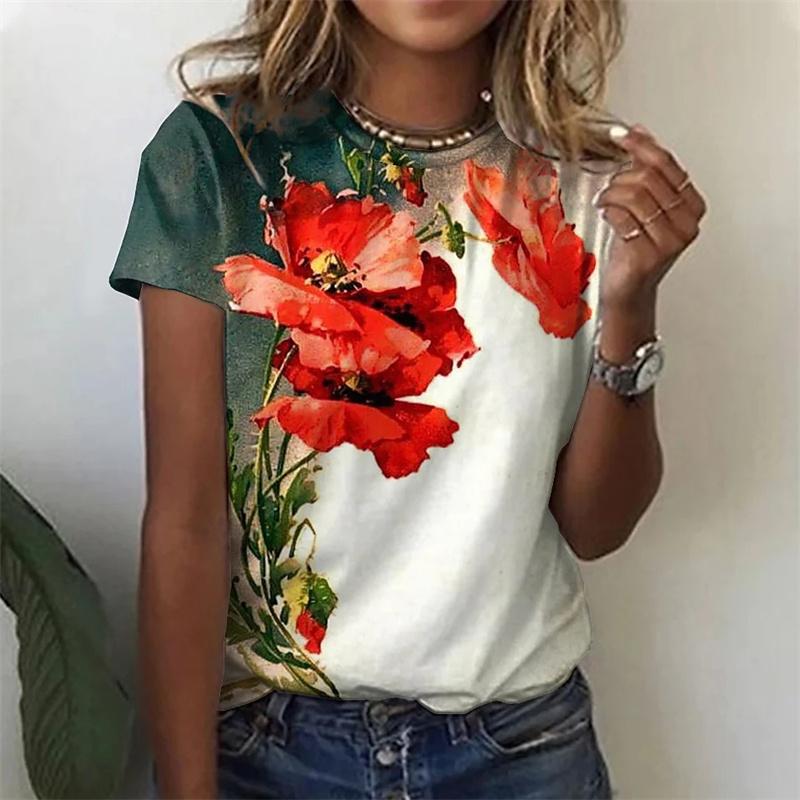 T-Shirt mit Blumenmuster für Damen, Blumen 3D-Druck T-Shirts, Sommer Casual Rundhals Tops, Kurzarm, Oversized Tees