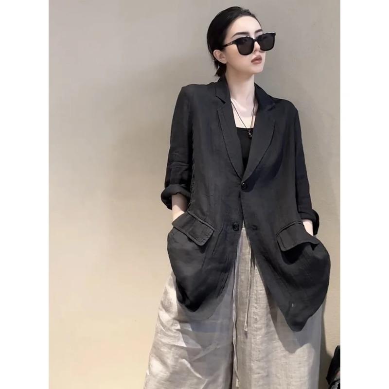 Women s Solid Color Linen Blend Single-Breasted Blazer M