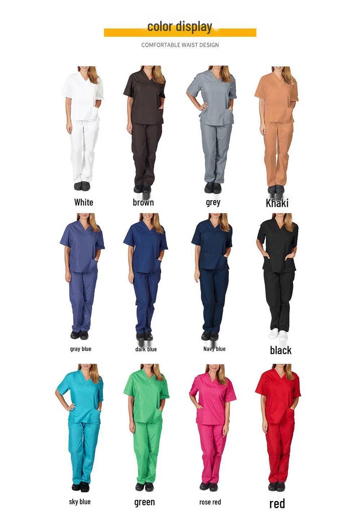 Einfarbige V-Ausschnitt Stilluniform für Damen mit Taschen