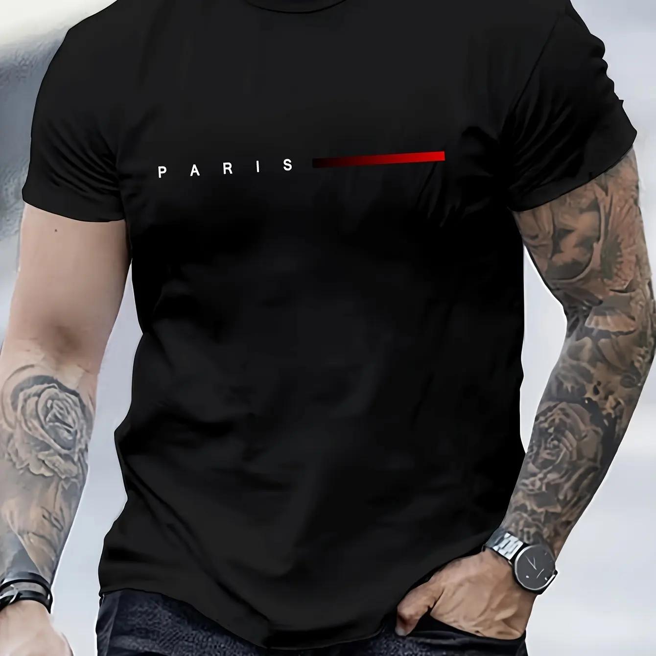 Mens summer loose Parisian creative letter print casual slim roundneck shortsleeved Tshirt top S
