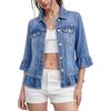 Women Lapel Collar Denim Jacket Flared Sleeve Button Up Casual Jean Jacket Short Coat