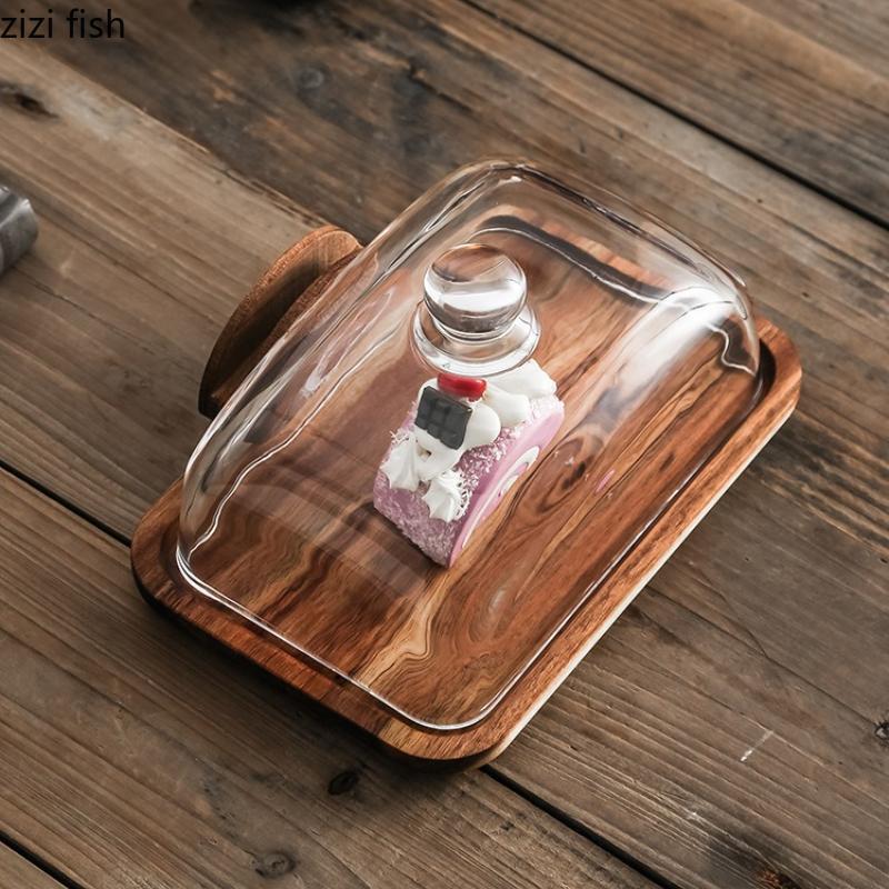 Wooden Butter Box Glass Cover Cheese Box Crisper Butter Dish Cake Stand Dessert Plate Pastry Plates Dim Sum Dish Butters Plate